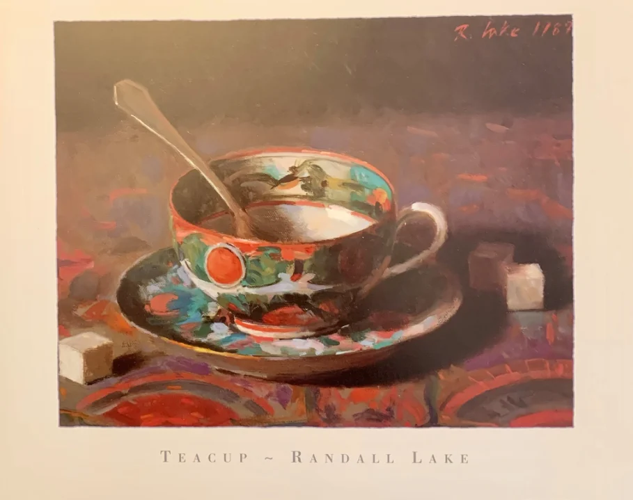 Randall Lake still-life print of a painted teacup and sugar cubes