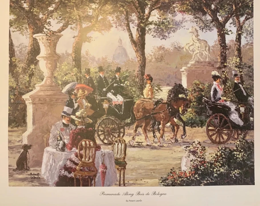 Robert Lebron print of carriages and diners in a Paris park